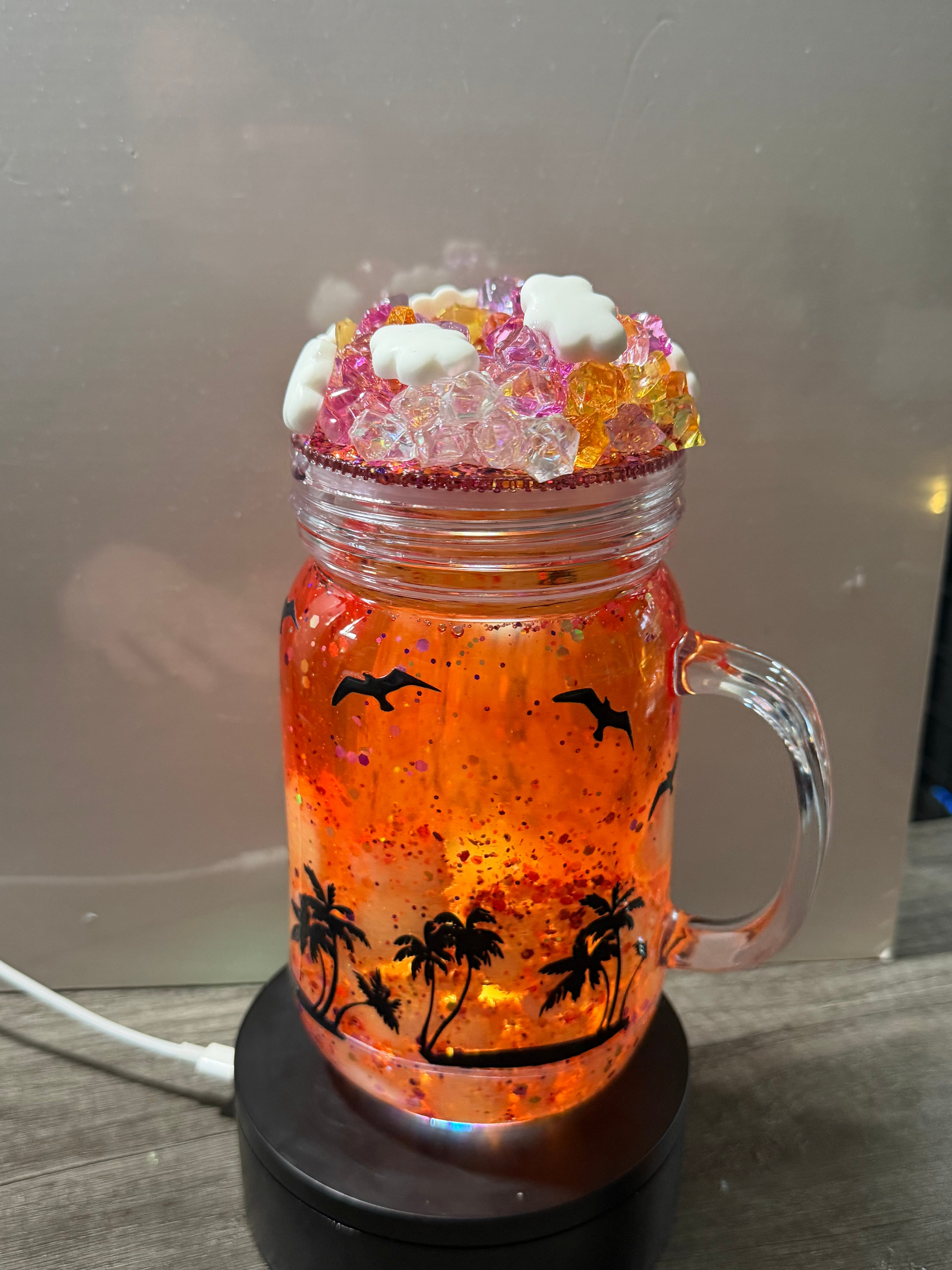 20OZ MASON ACRYLIC - SUNSET ON THE BEACH CLOUD WATERFALL - WITH DECO LID
