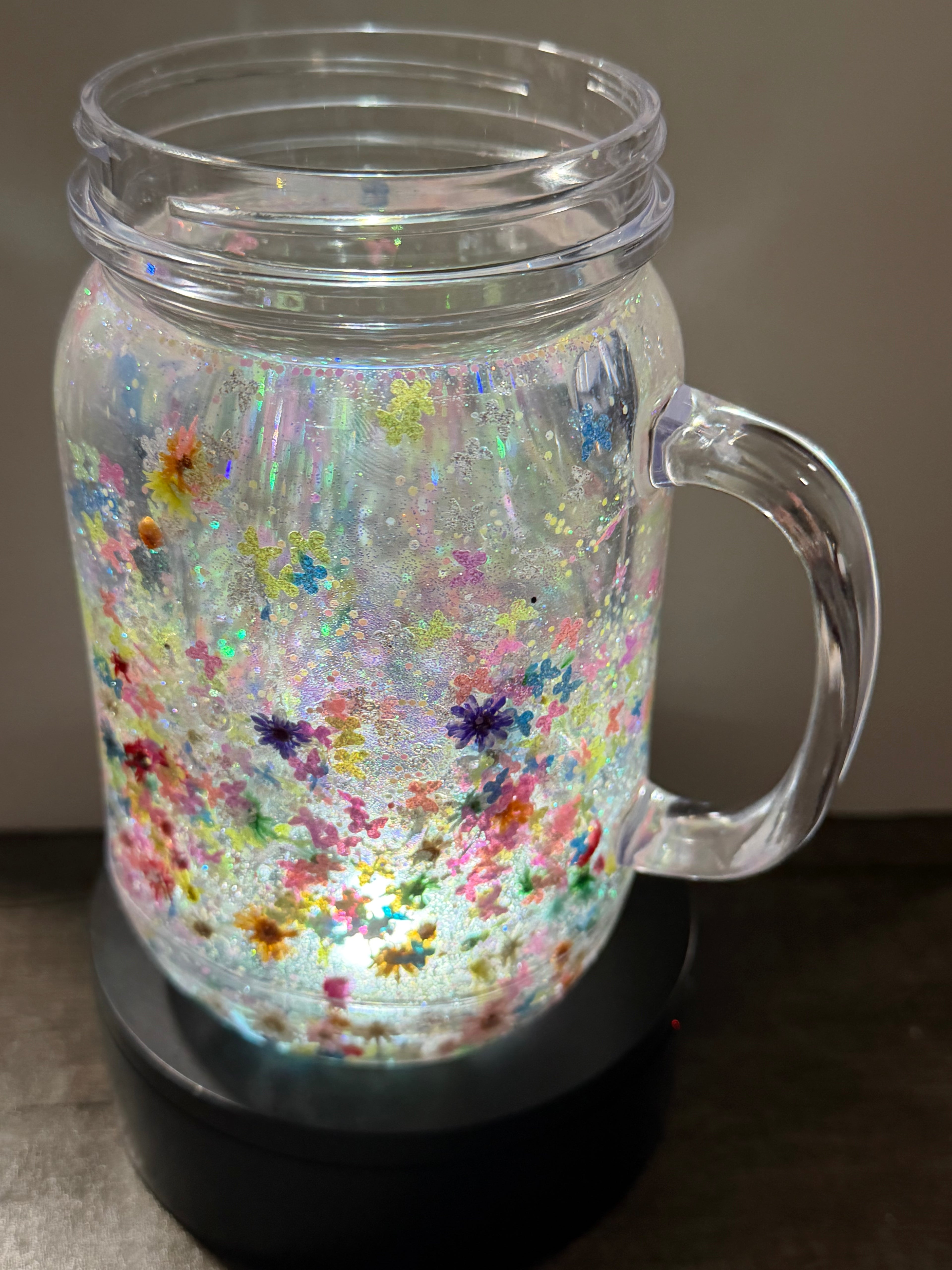 20OZ MASON ACRYLIC - CLEAR DUEL LAVA FLOWERS BUTTERFLIES  - WITH DECO LID -GLOW