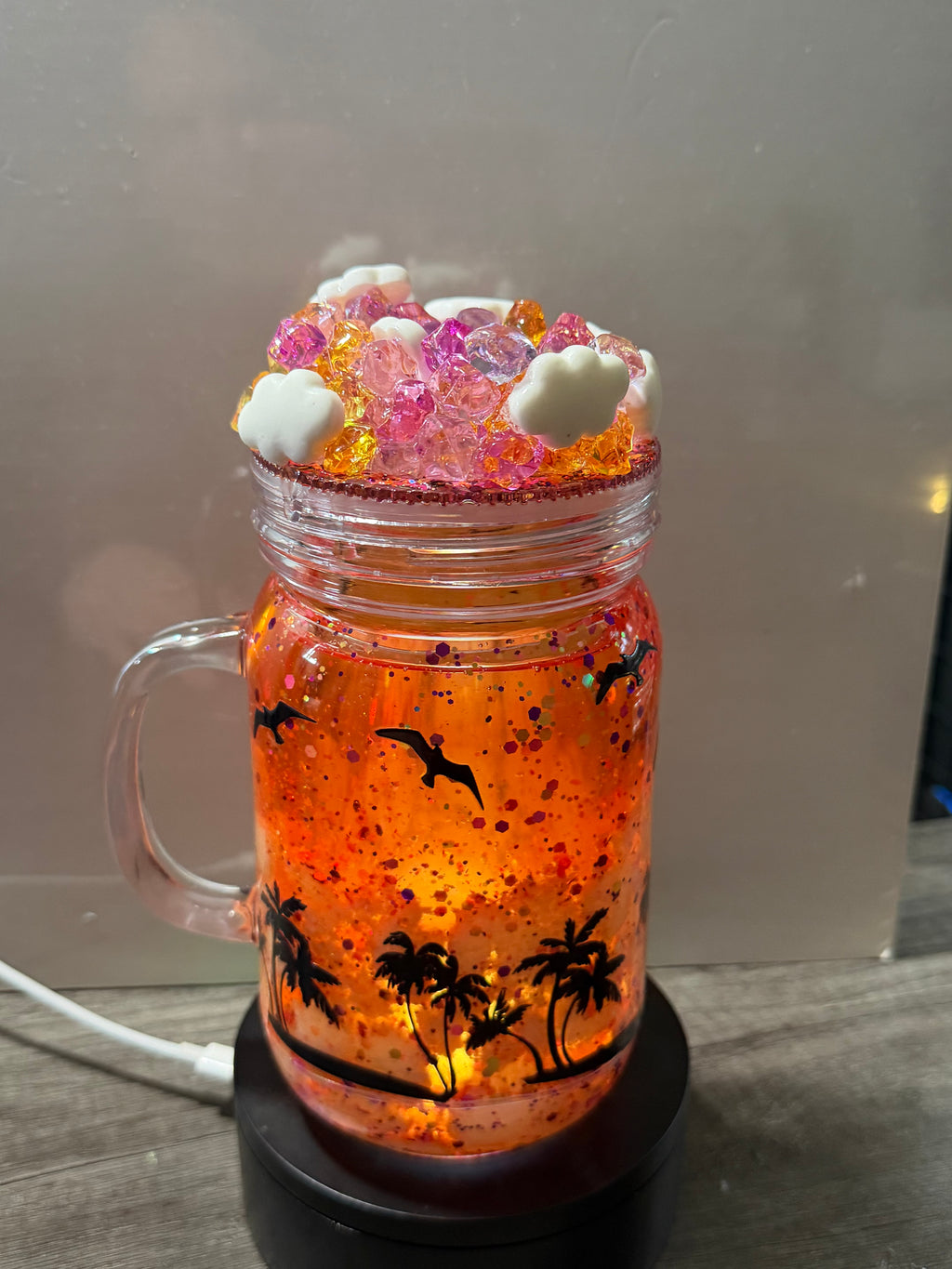 20OZ MASON ACRYLIC - SUNSET ON THE BEACH CLOUD WATERFALL - WITH DECO LID