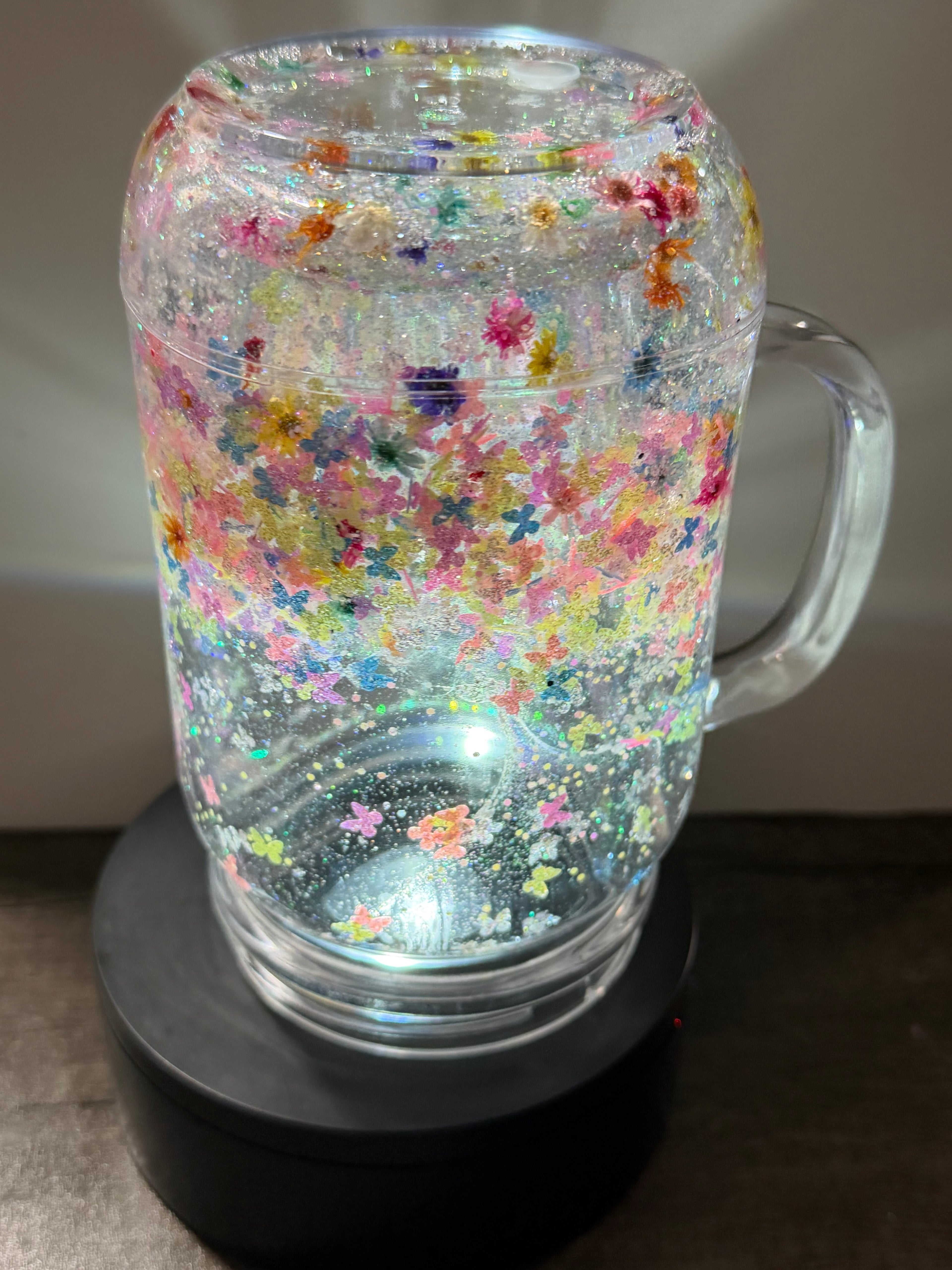 20OZ MASON ACRYLIC - CLEAR DUEL LAVA FLOWERS BUTTERFLIES  - WITH DECO LID -GLOW