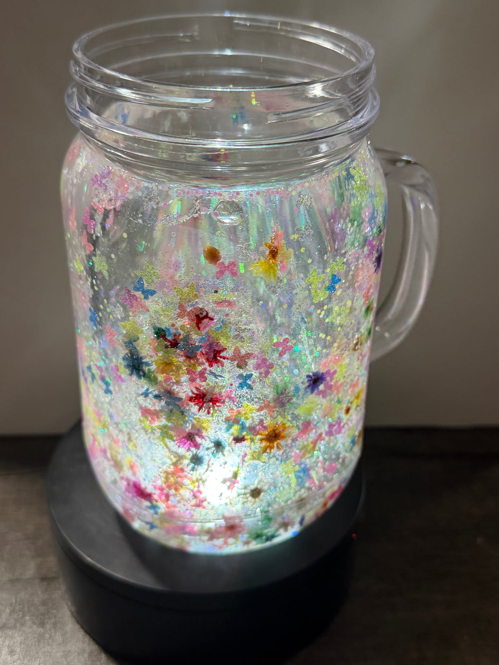 20OZ MASON ACRYLIC - CLEAR DUEL LAVA FLOWERS BUTTERFLIES  - WITH DECO LID -GLOW