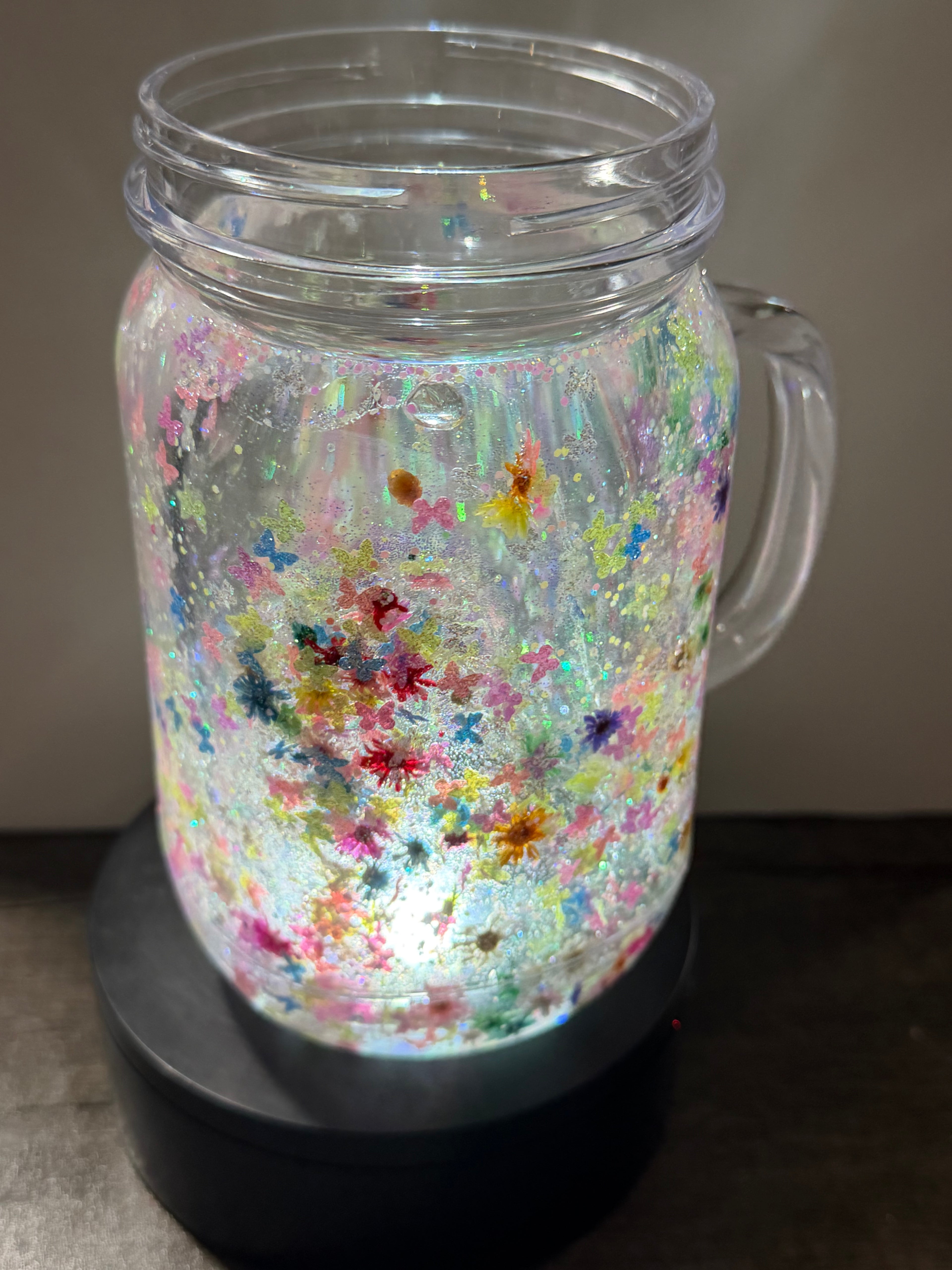 20OZ MASON ACRYLIC - CLEAR DUEL LAVA FLOWERS BUTTERFLIES  - WITH DECO LID -GLOW