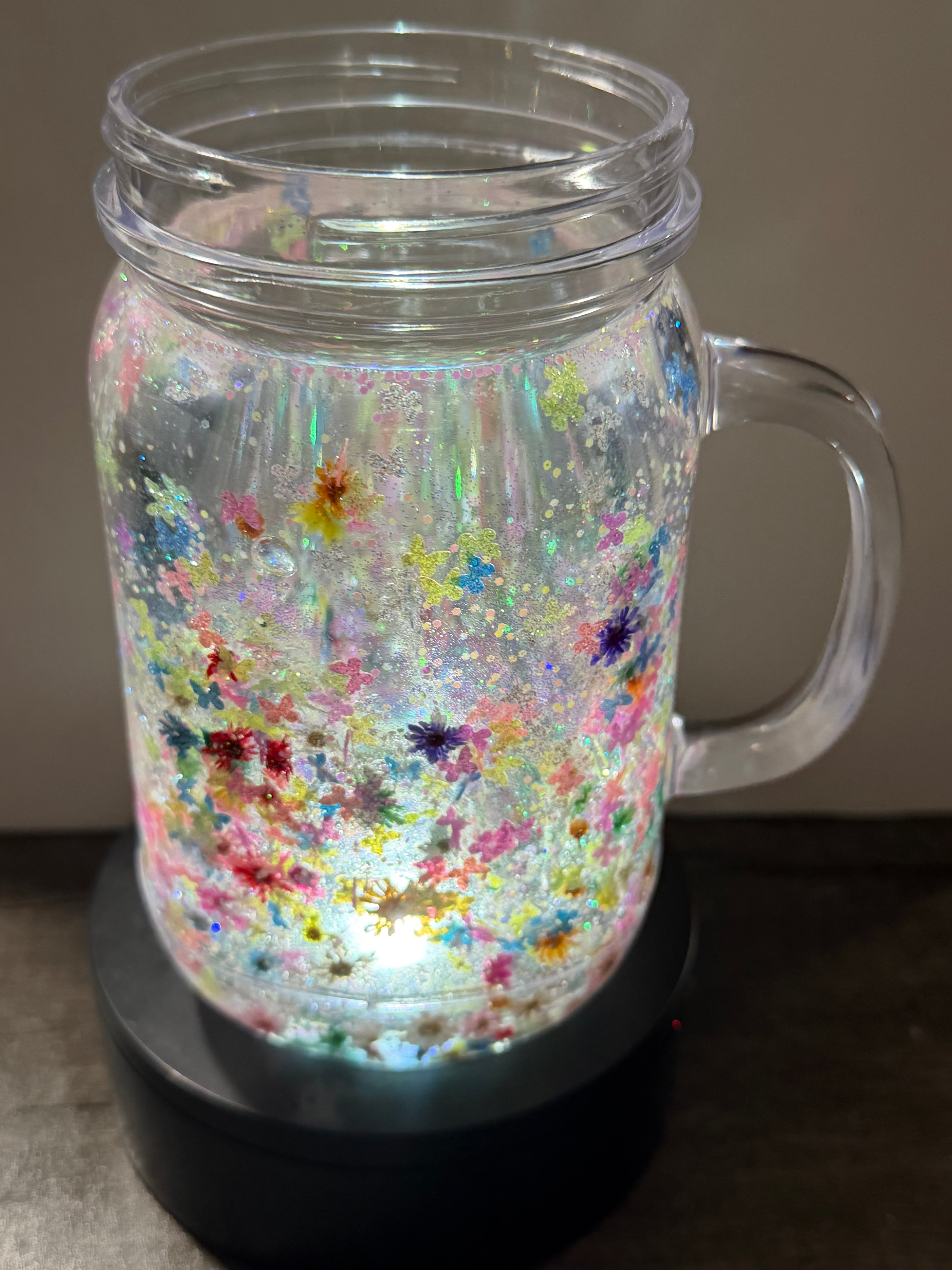 20OZ MASON ACRYLIC - CLEAR DUEL LAVA FLOWERS BUTTERFLIES  - WITH DECO LID -GLOW