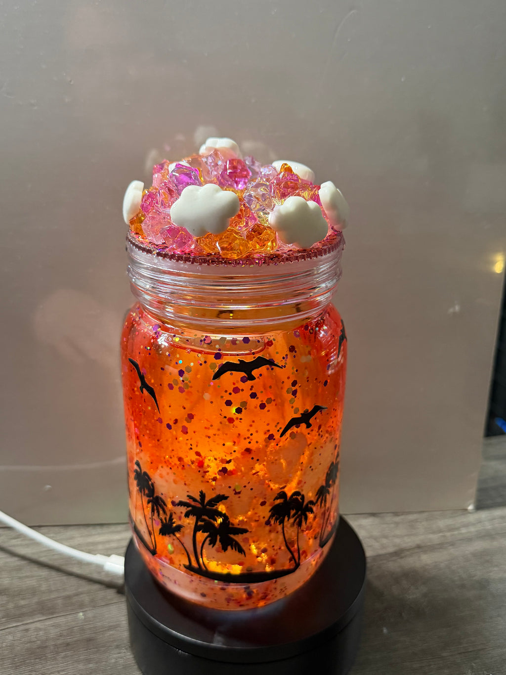 20OZ MASON ACRYLIC - SUNSET ON THE BEACH CLOUD WATERFALL - WITH DECO LID
