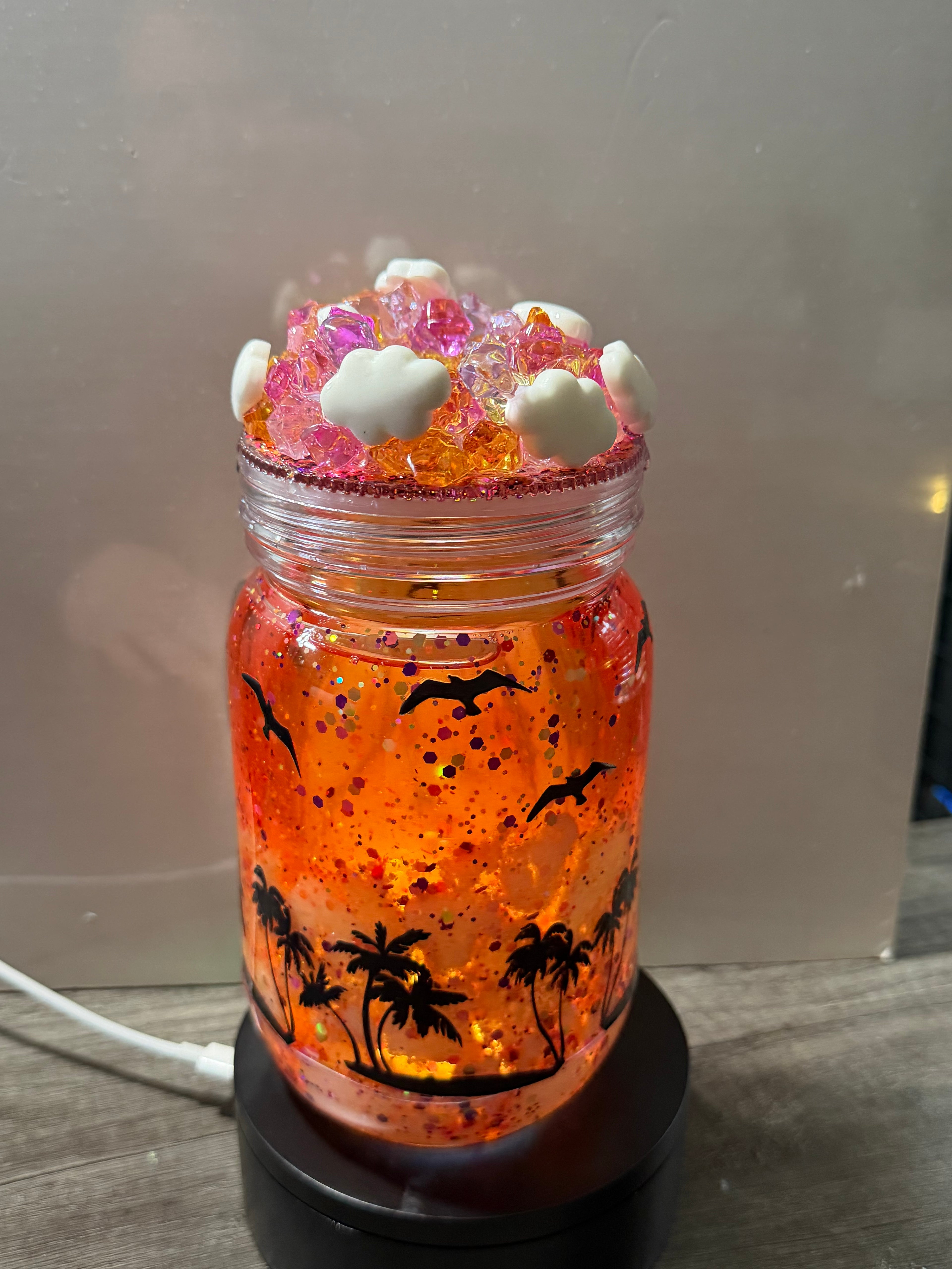 20OZ MASON ACRYLIC - SUNSET ON THE BEACH CLOUD WATERFALL - WITH DECO LID