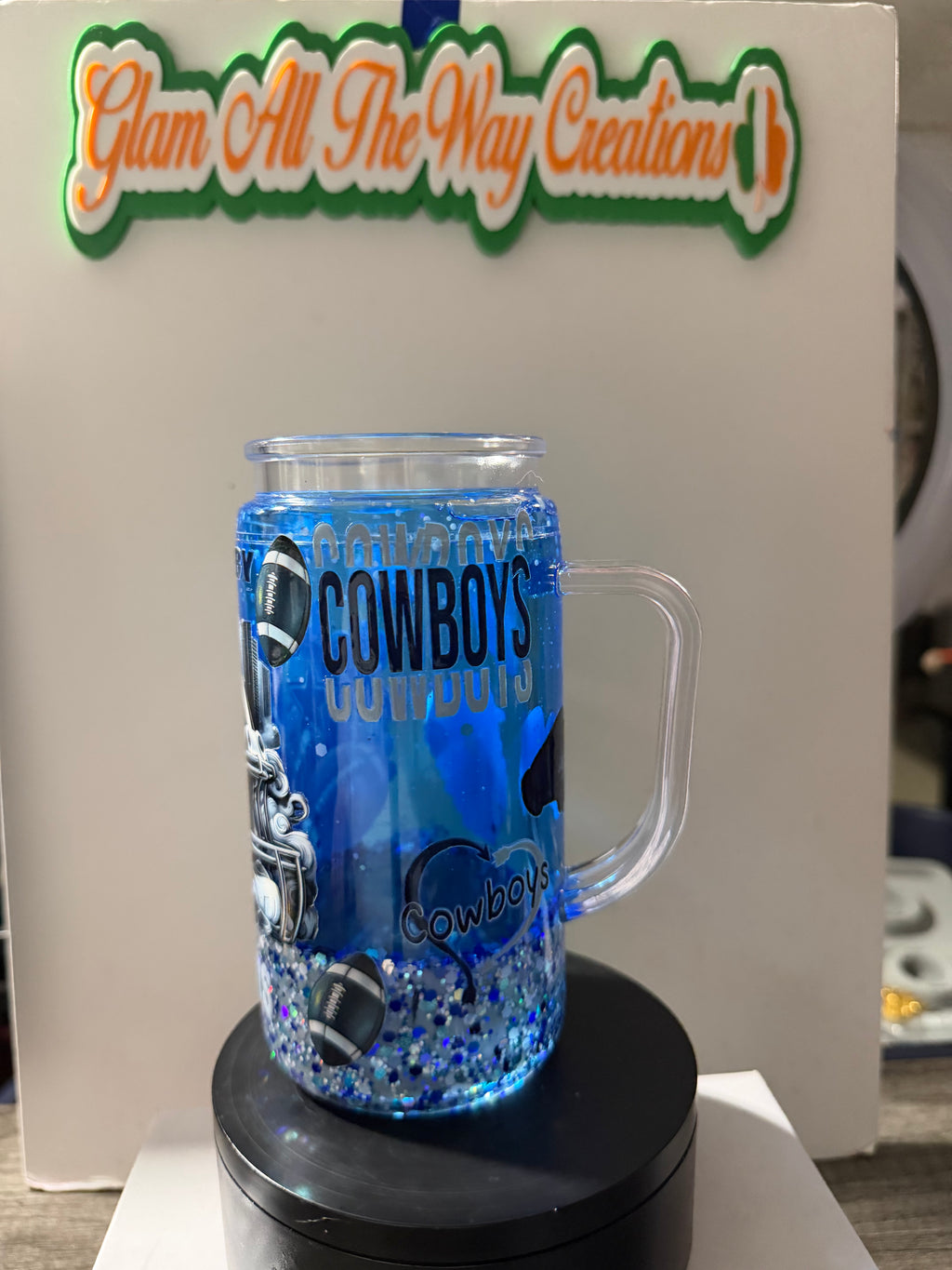 16oz LIBBY HANDLED ACRYLIC - “WE DEM BOYZ” COWBOYS SILVER/BLUE DUEL LAVA - DECO LID