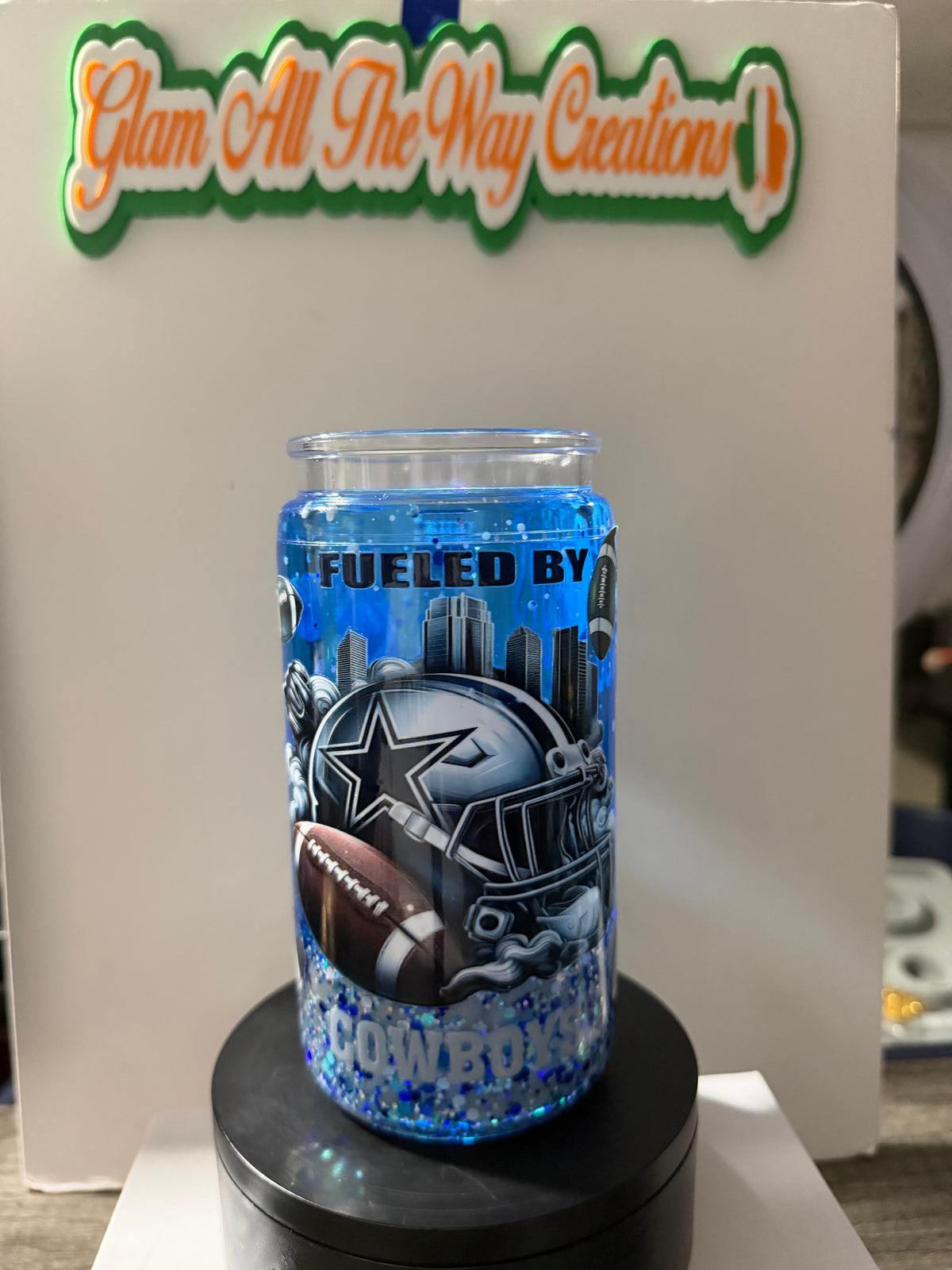 16oz LIBBY HANDLED ACRYLIC - “WE DEM BOYZ” COWBOYS SILVER/BLUE DUEL LAVA - DECO LID